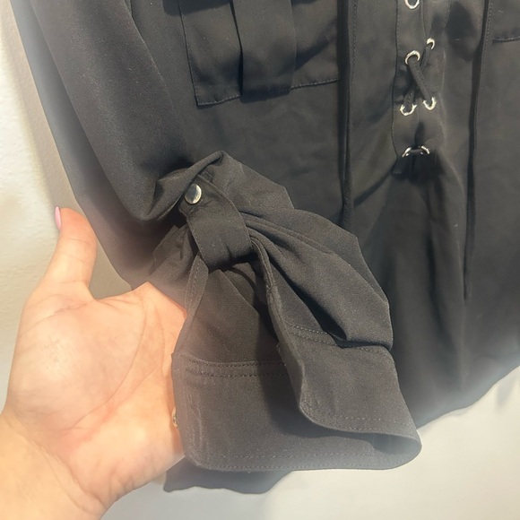 NYGARD, size L, black 3/4 length sleeve top, corset front, silver accents - Picture 3 of 6